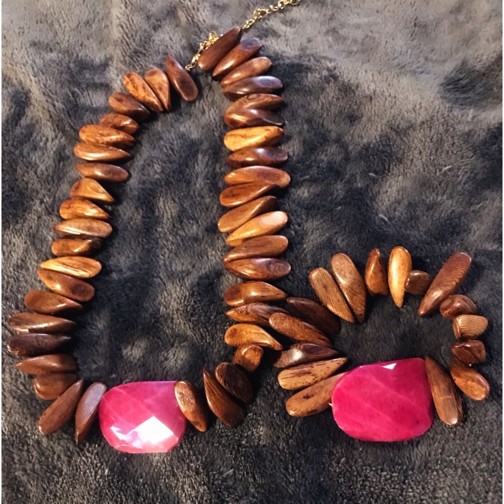 African Red Ruby and Wood Necklace with Matching Bracelet Set
